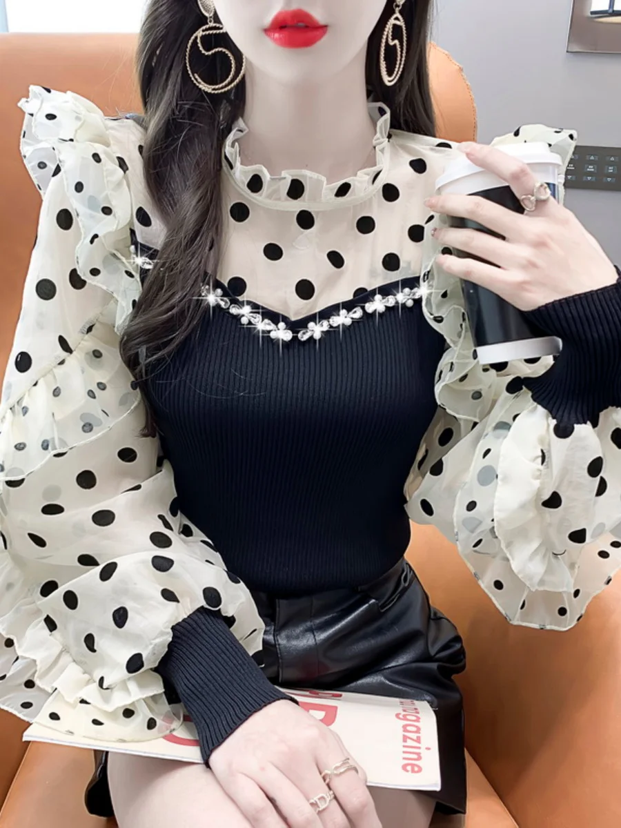 Ruffled Polka Vintage Dot Slim Knit Bottoming Tshirt Black Slim-Fit Jumper Women 2023 New Spring Autumn Inner Match Tops