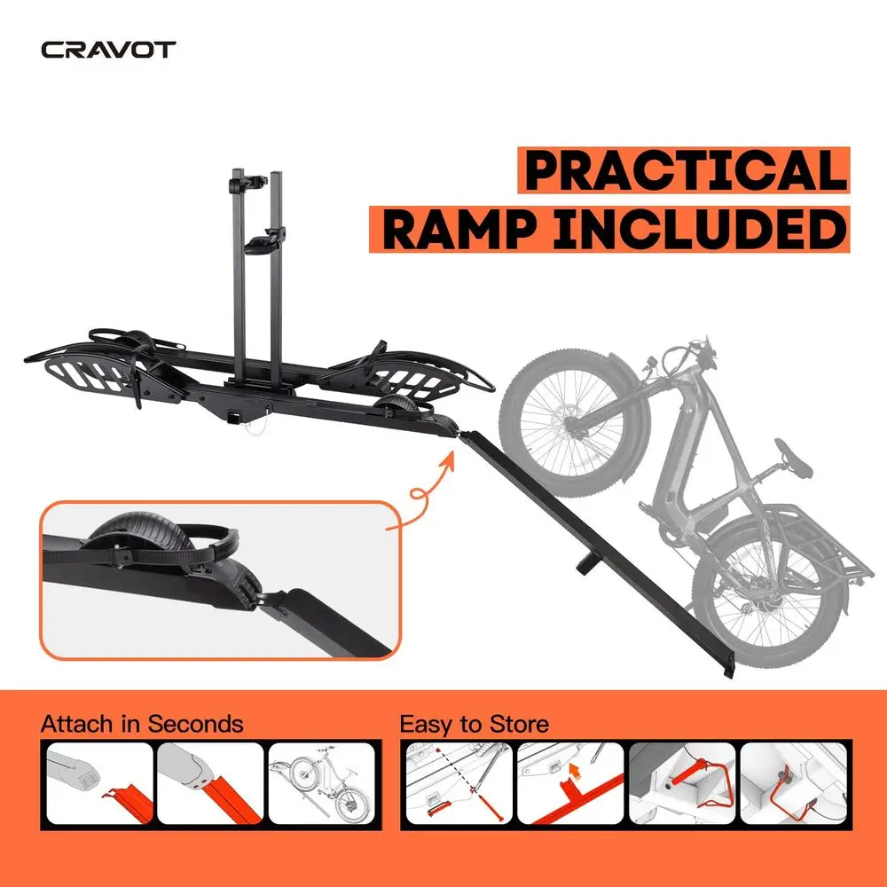 

CyberRack E2 Hitch 2 EBike Rack with Ramp, 200 lbs Capacity Electric Bike Carrier Foldable Platform Mount, Up to 5inch Fat Tire