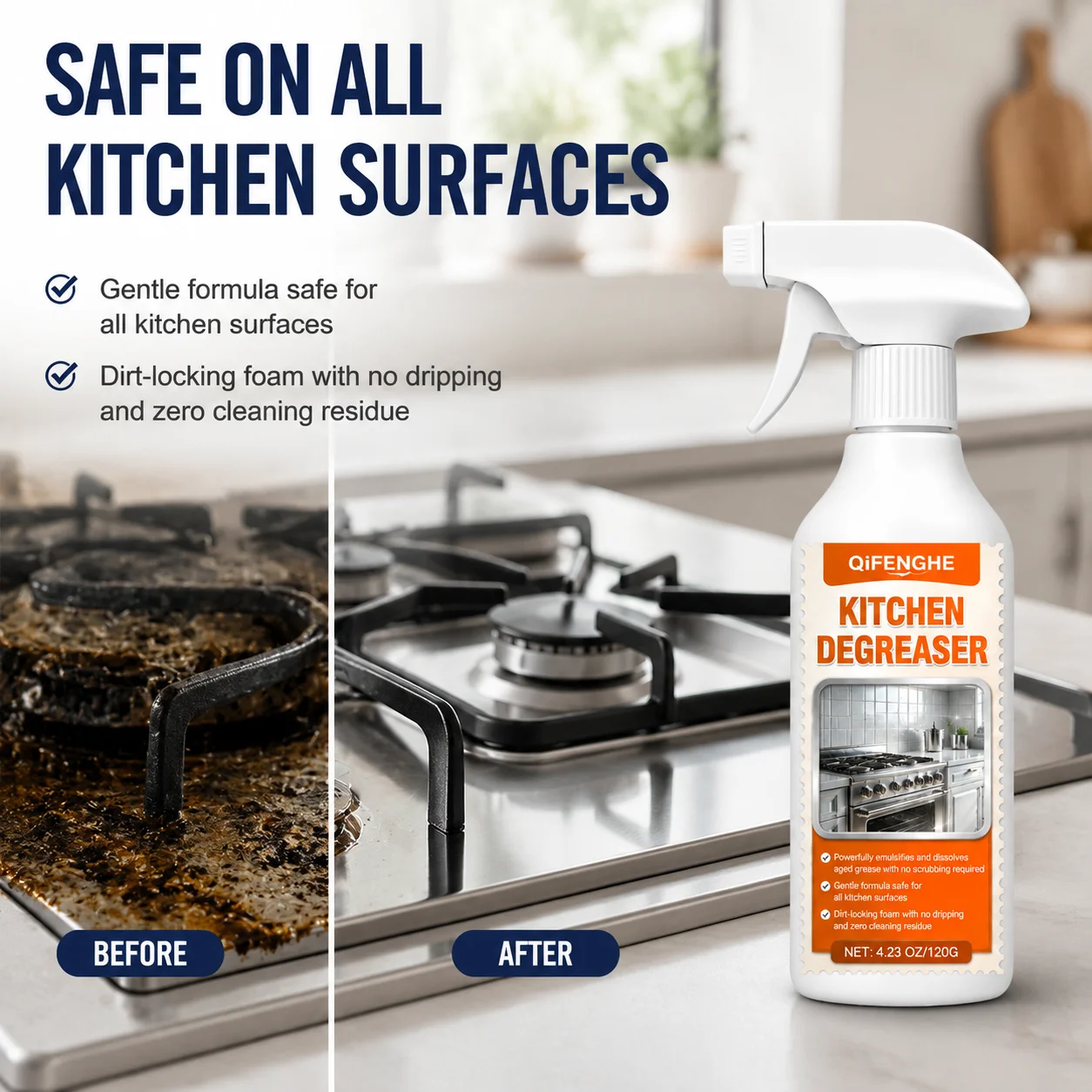 Foam Kitchen Degreaser Dissolve Caked Oil Grease Effortless Cleaning No Scrubbing Needed Leave Spotless Residue-Free Surface