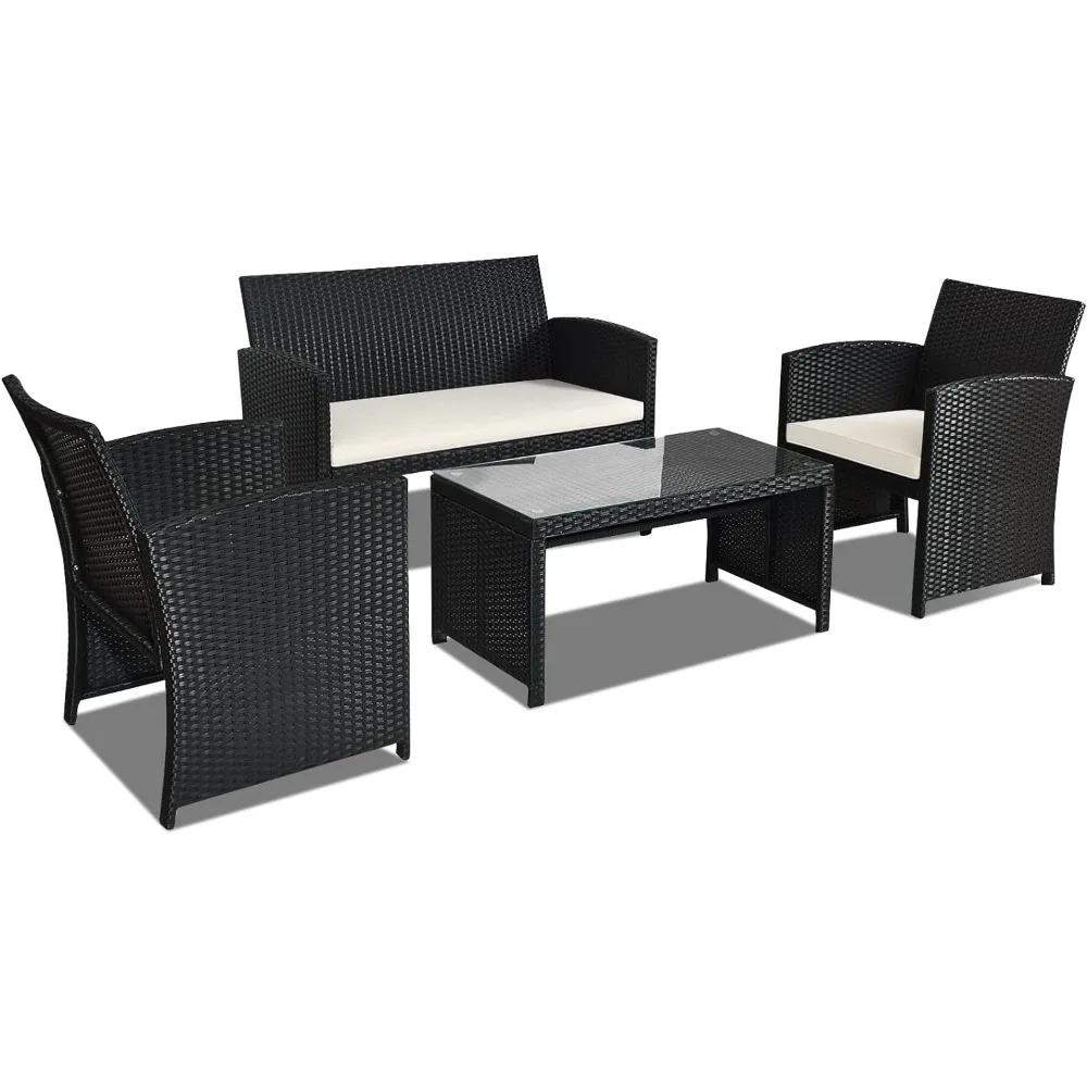 

4-Piece Rattan Patio Furniture Set, Outdoor Wicker Conversation Sofa with Weather Resistant Cushions and Tempered Glass