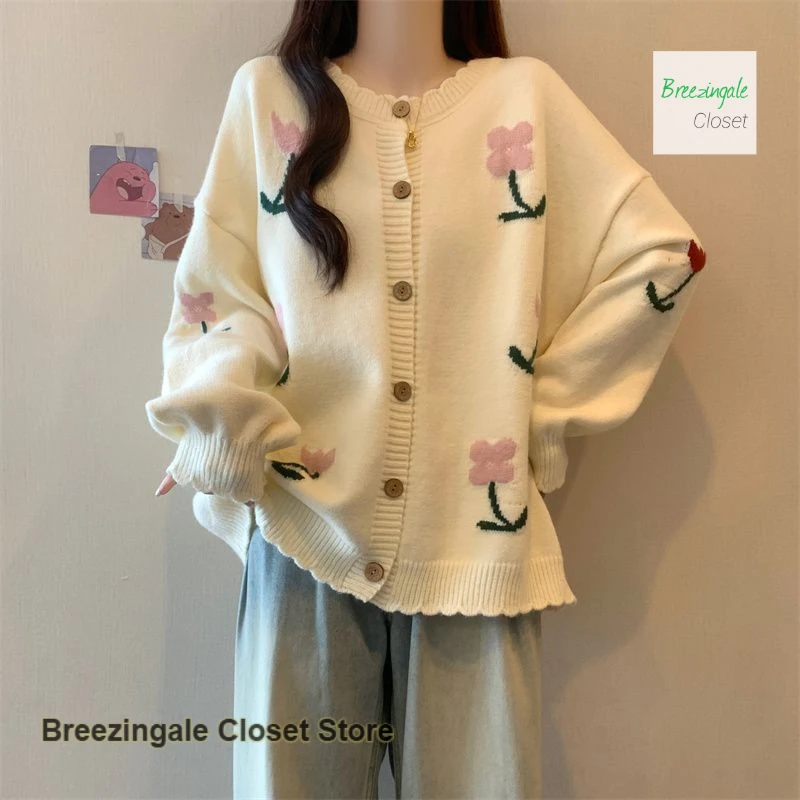 

Korean style plus size green knit cardigan flower sweater coat women's autumn and winter new loose long casual Joker coat