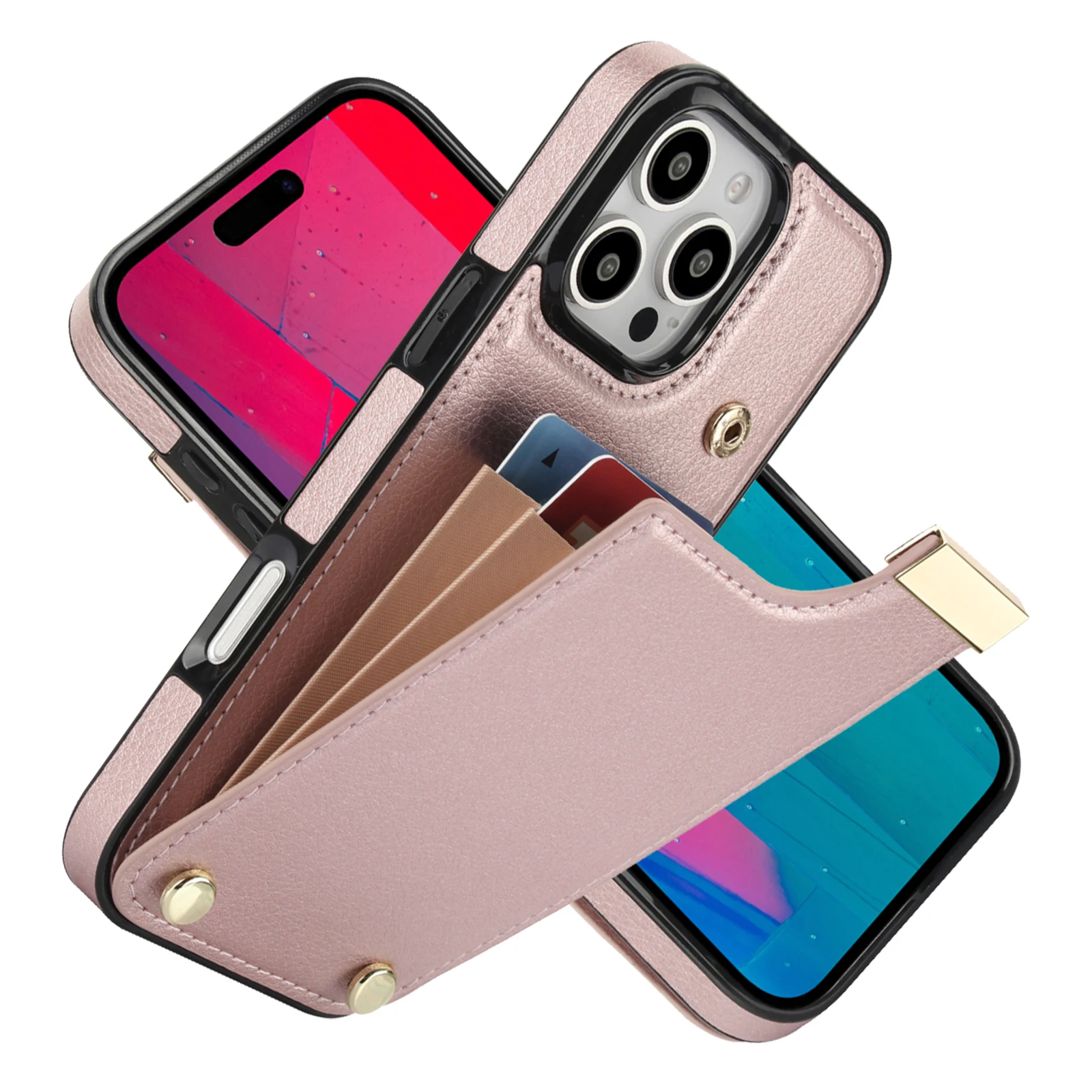 

Shockproof PU Leather Card Slots Holder Wallet Case for iPhone 16 Pro Max 15 14 13 12 11 XR XS, Button Buckle Organ Phone Cover