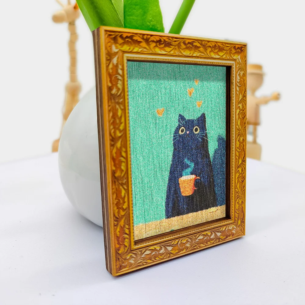 Vintage-Kühlschrankmagnet mit geschnitztem Holzrahmen, niedlicher Kühlschrankaufkleber mit schwarzer Katze, die Kaffee trinkt, für Küchendekoration und Katzenliebhaber – Detail 9