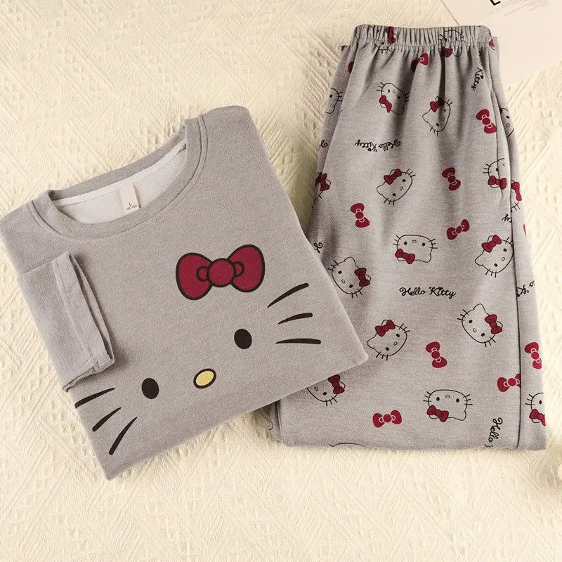 طقم بيجامة نسائي شتوي رقيق من Hello Kitty لعام 2025 بأكمام طويلة ملابس نوم حرارية خفيفة الوزن وملابس منزلية للاستلقاء #2
