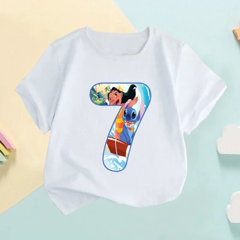 Lilo & Stitch Number Bow Print Cartoon Kids T shirt Girls Clothes 1 2 3 4 5 6 7 8 9 Years Birthday Baby Boys T-Shirts,HKP2676