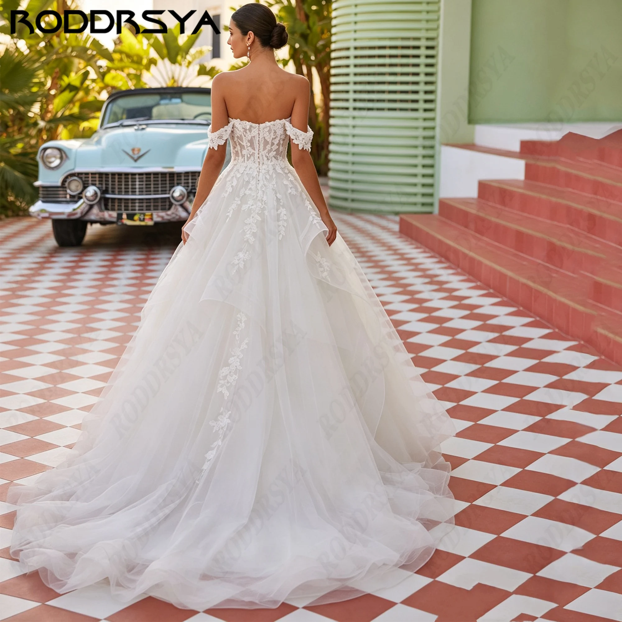 RODDRSYA Off Shoulder Sweetheart Tulle A-Line Wedding Dress Layered Ruffled Backless Bride Dress Elegant Bridal Gown Custom Made