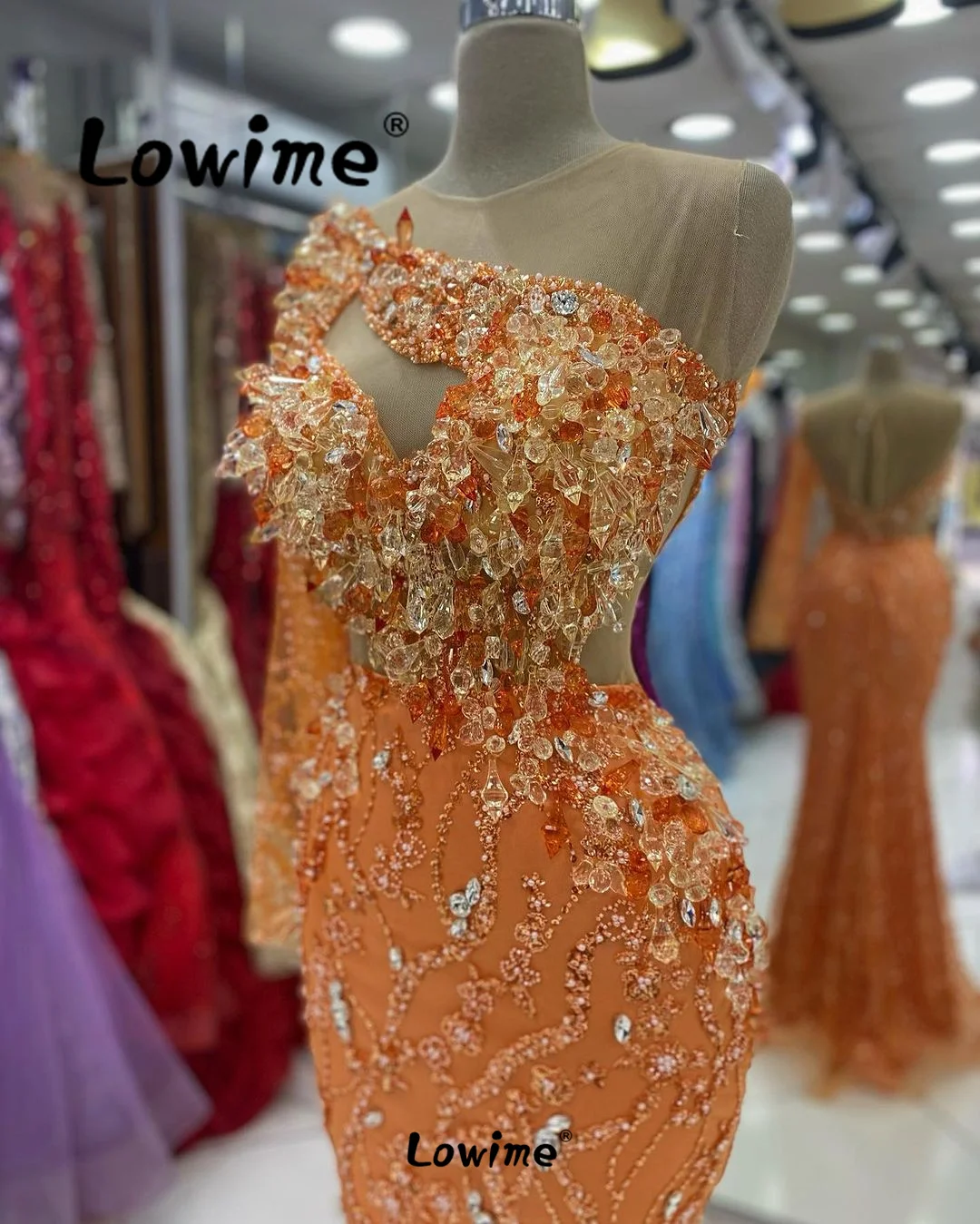 Arabic Party Dress One Shoulder Full Crystals Orange Evening Gowns 2024 Mermaid Second Reception Wedding Engagement Dresses Robe