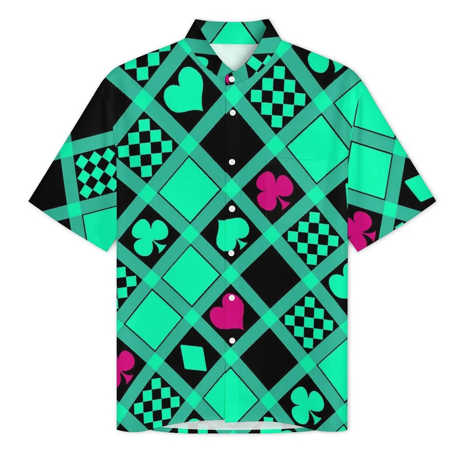 Hawaiian Shirt Vacation Casino Playing Cards Blouses Green Hearts Print Vintage Casual Shirts Male Short Sleeve Fashion Clothing