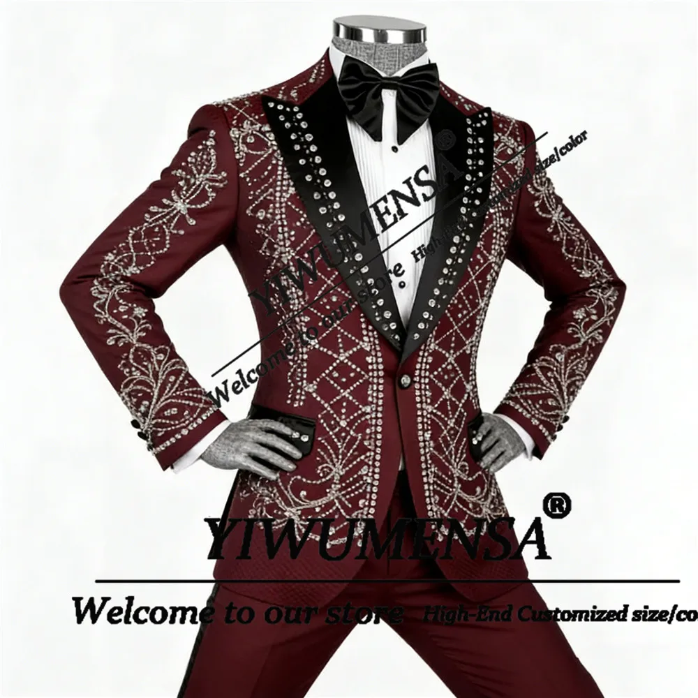 Male Formal Party Groom Tuxedos 2 Pcs Customized Crystals Beaded Stones Prom Blazers Slim Fit Man Banquet Attire costumes hommes