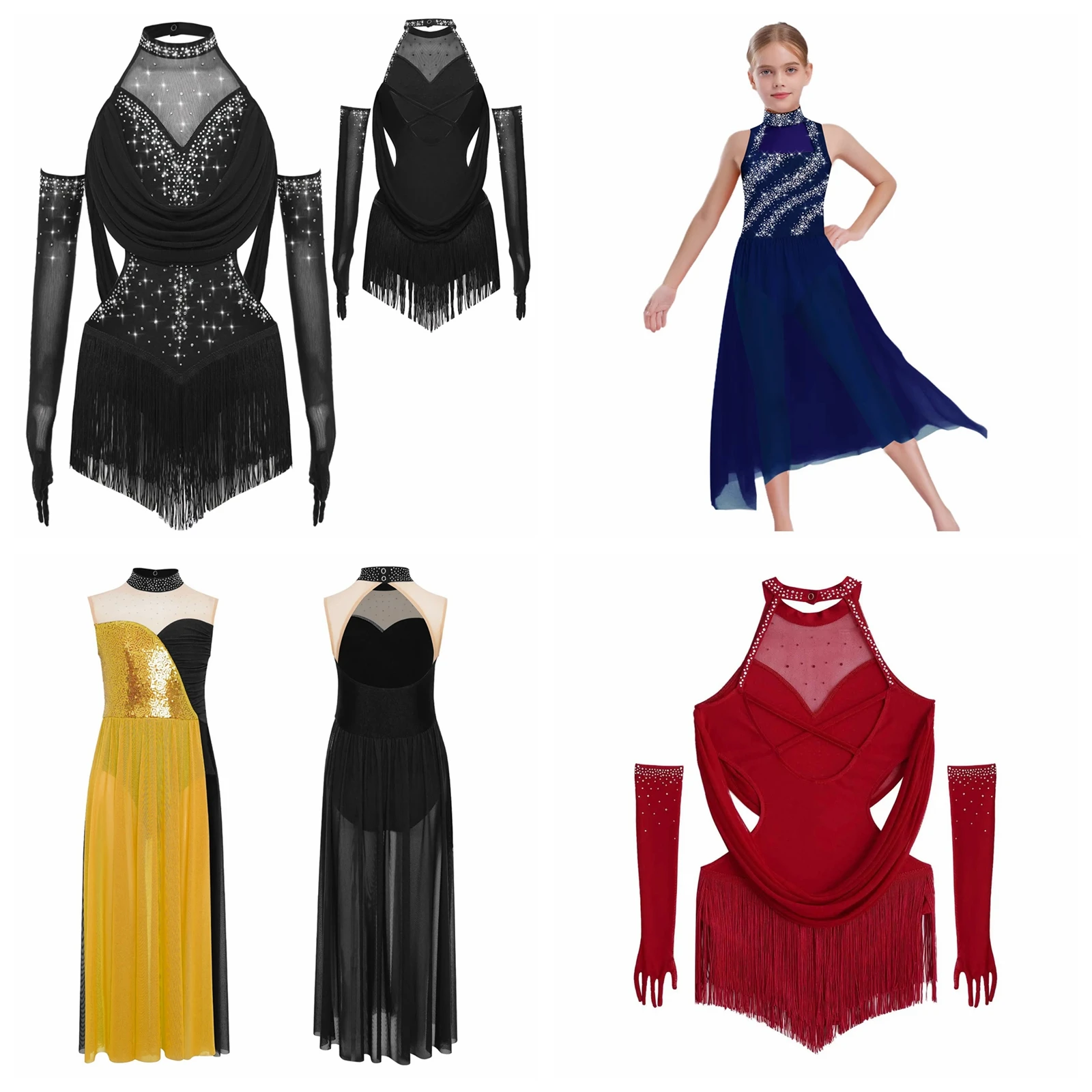 

Girls Modern Lyrical Dance Costume Children Ice Skating Dress Mock Neck Sleeveless Shiny Rhythmic Gymnastics Leotard Dancewear
