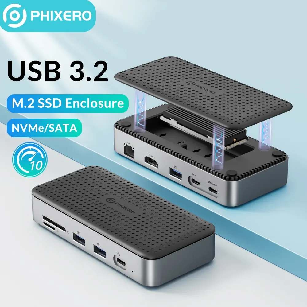 

PHIXERO USB 3.2 Dual Portocol Docking Station with M.2 SSD Enclosure 10Gbps SD/TF 10 in 1 Docking Station for PC Laptop Macbook