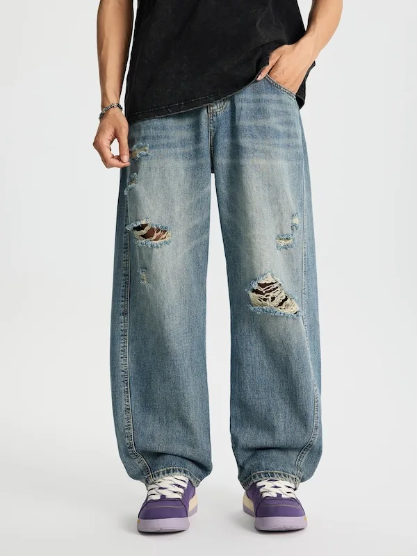 

Ретро Американский TSKC Мужские и женские свободные широкие брюки-банан Повседневные длинные брюки Дизайн ножа Sense Дизайн с отверстиями Хлопок Полиэстер...