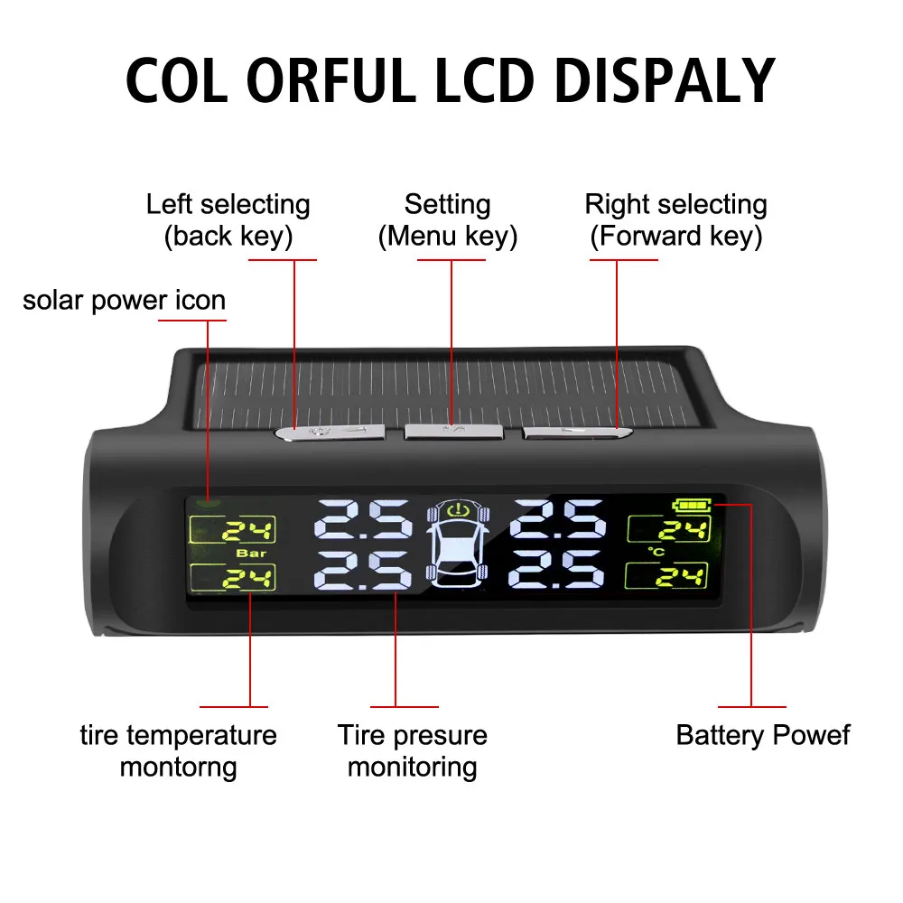 نظام مراقبة ضغط إطارات السيارة، نظام إنذار أمان تلقائي، شاشة LCD رقمية عالمية، مراقبة درجة حرارة الإطارات الشمسية TPMS #5