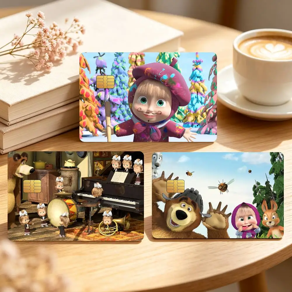 Cartoon M-Masha and the B-Bear Cute Credit Card Sticker Waterproof Anti-Scratch 4PCS Bank Debit Traffic Cover Decoration