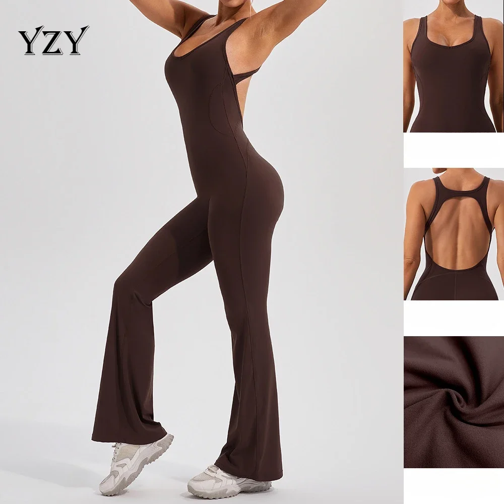 

Seamless Yoga Jumpsuits Sports Fitness Peach Hip-lifting Tight Flared Pants Backless One-piece Workout Gym Tracksuits for Women