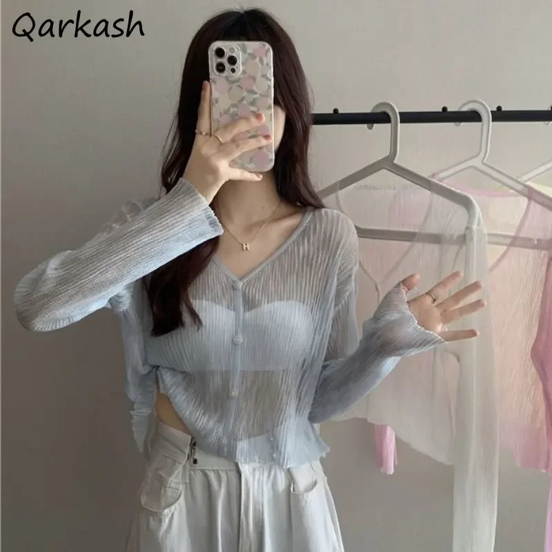 

Jackets Women Crop Sun-proof Outwear Chic Summer Thin Casual Sheer V-neck Korean Style Fashion Tender Vacation Clothes All-match