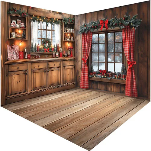 Mehofond Photography Background Winter Christmas Kitchen Window Wood Wall Xmas Kids Family Portrait Decor Backdrop Photo Studio