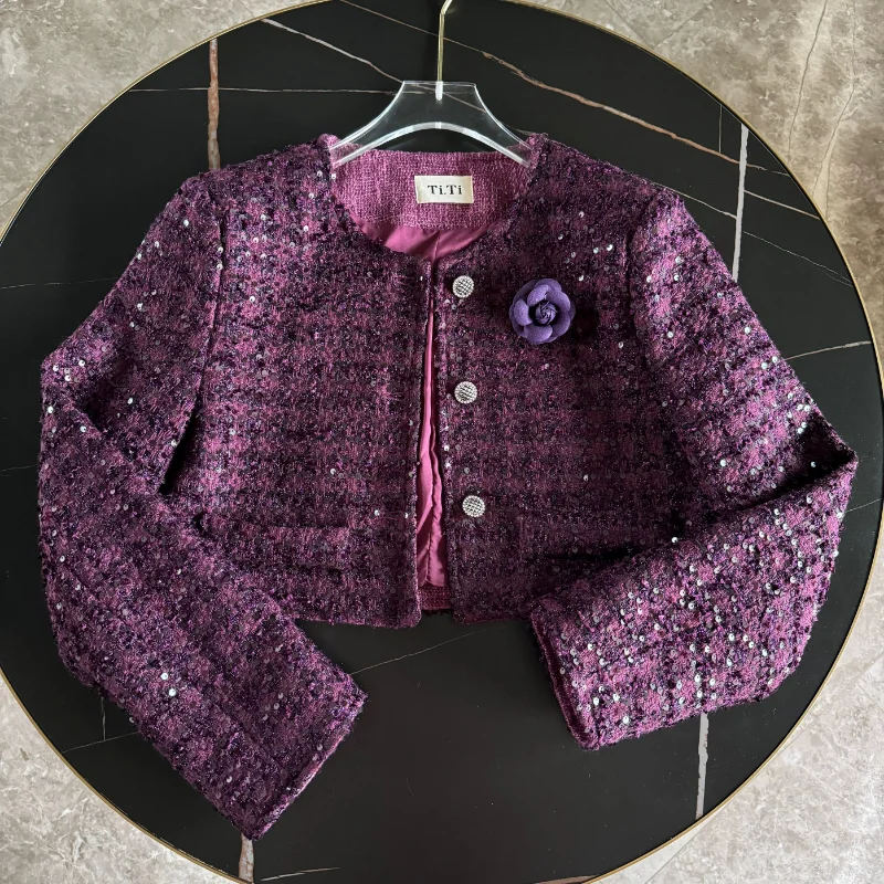 

Autumn Sequined Purple Small Fragrance Jacket Women O Neck 3D Flowers Shiny Silver Black French Chic Tweed Short Jacket Outwear