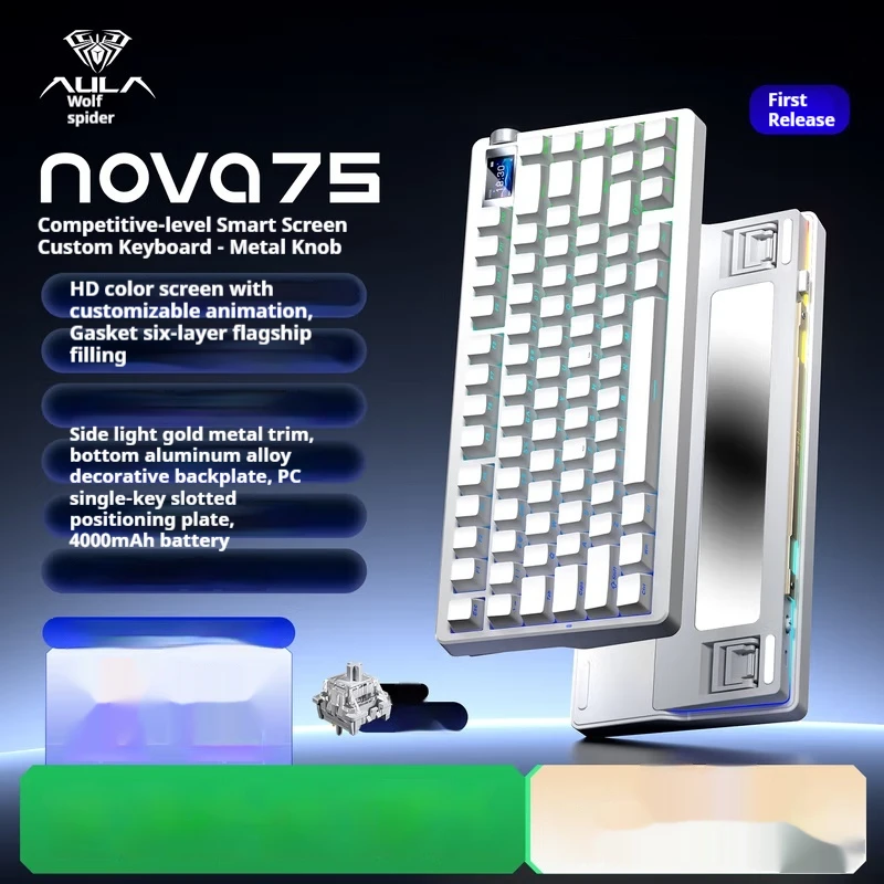 AULA NOVA75 MAX لوحة المفاتيح الميكانيكية اللاسلكية ثلاثي الوضع 1.14 بوصة شاشة ملونة ذكية 10000mAh طوقا لوحات مفاتيح ألعاب الكمبيوتر