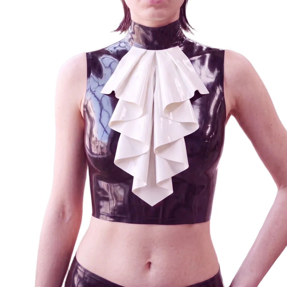 Black And White Sexy Latex Crop Top With Jabots Back Zipper Stand Collar Sleeveless Rubber Blouse Shirts Uniform Clothes 0465
