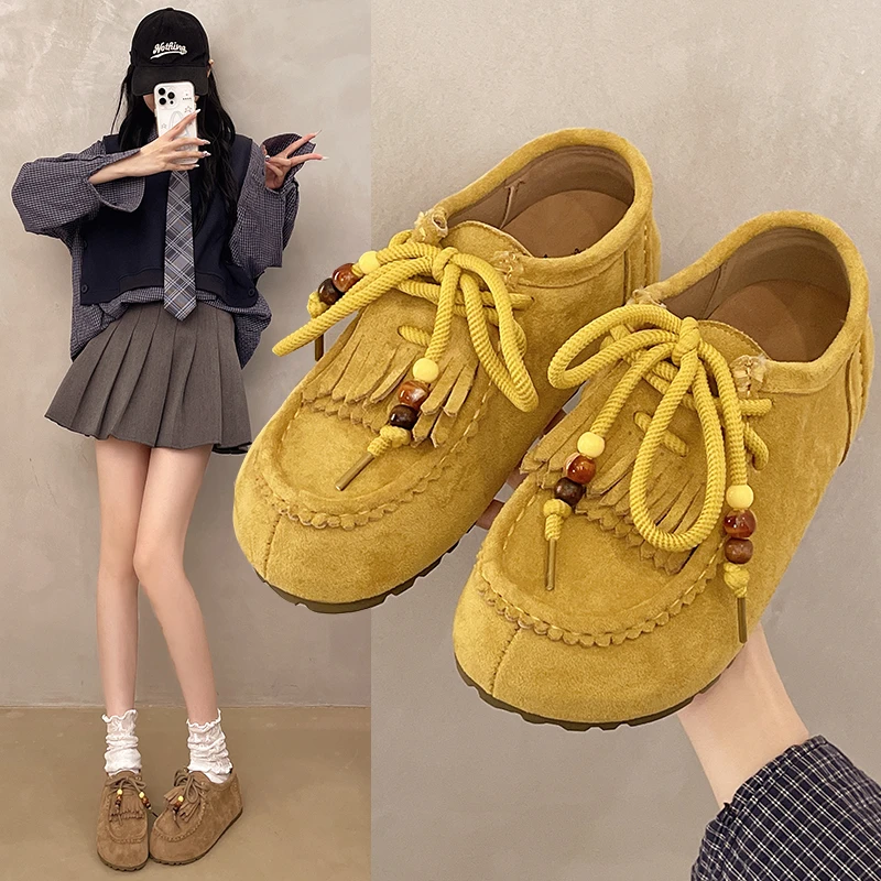 

2025 Autumn Retro Suede Woman Casual Shoes Personality Tassel Designer Shoes Woman Loafers Yellow Lace-up Flat Shoes For Woman