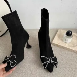 2023 Korean Version of Rhinestone Design Booties Women's Single Boots Elastic Booties Slim Black Stilettos Autumn Women's Boots