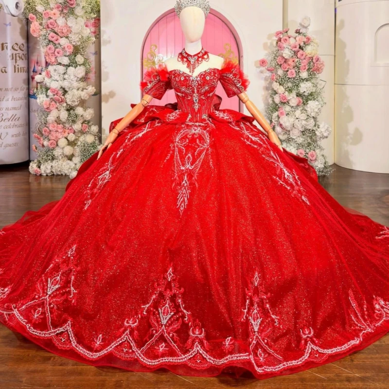 

Red Shiny Quinceanera Dresses Off Shoulder Ball Gown Sweet 16 Dress Applique Lace Beading Crystal Bow Tull Corset Birthday Party