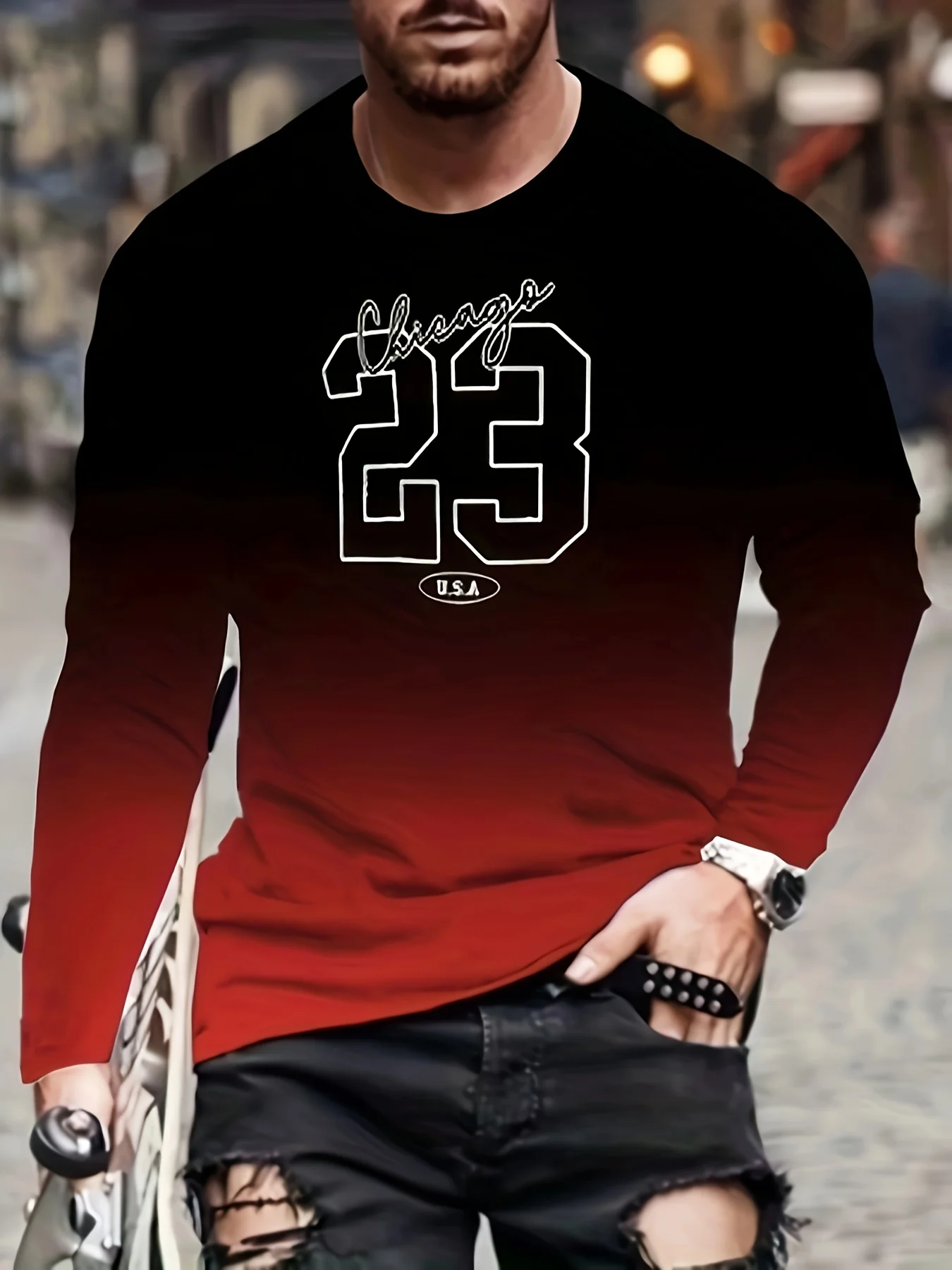 

Spring and Autumn Gradient 23 Graphic men's casual long-sleeved fashion crewneck loose T-shirt tops outdoor comfortable men wear