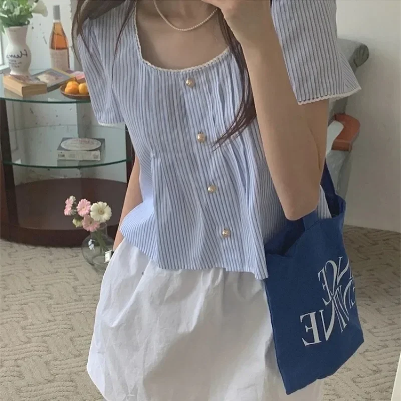 Korean Series Gentle Sweet Girl Blue Stripe Lace Patchwork Shirts Blue White womens tops Short Sleeved Pearl Button Pleated Tops