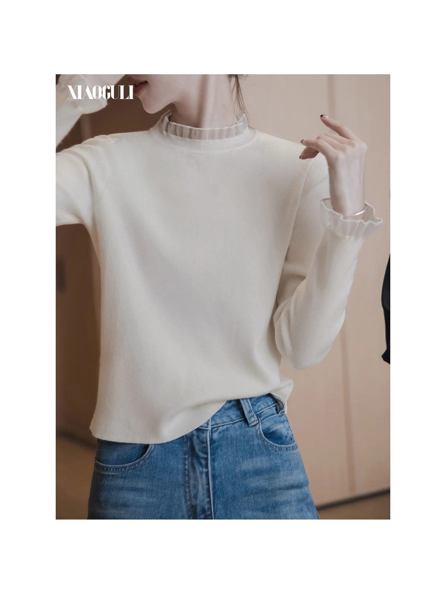 XIAOGULI Women Lace Spliced Trim Knit Layering Top 2026 Autumn New Slim Fit Elegant Soft Casual Long Sleeve Knitted Top
