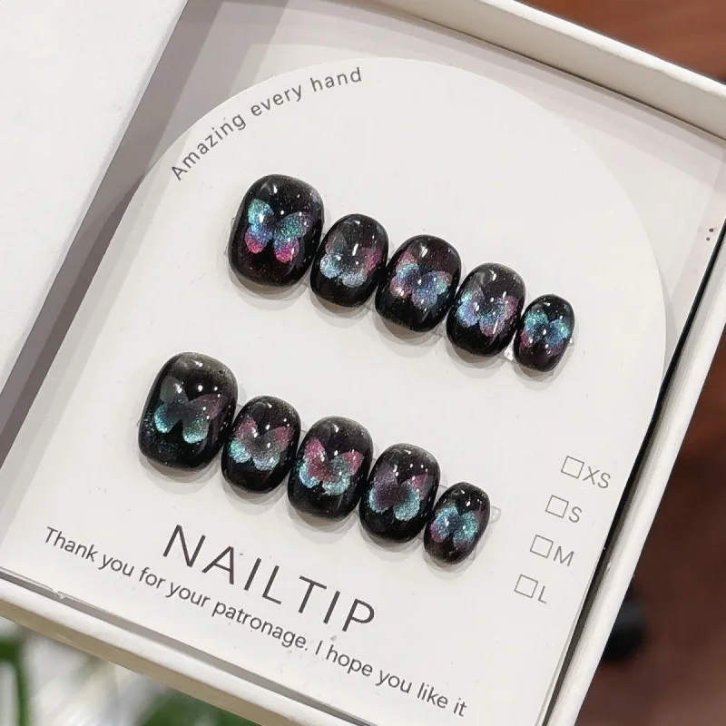 10Pcs Handmade Nails Hollow Cat Eye Black Dreamy Starry Sky Glitter Press-On Nail Tips Perfect for Gifting to Girls and Friends