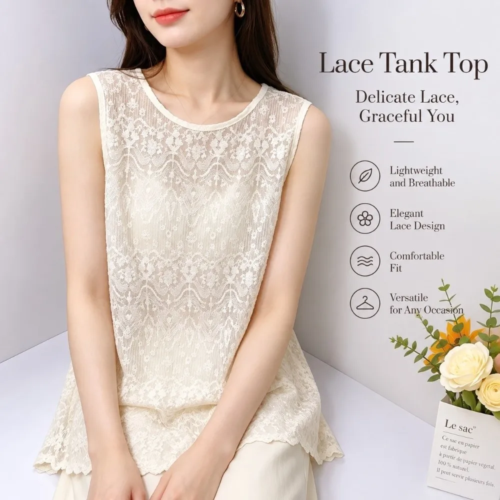 Stylish Crochet Lace Lace Tank Top U Neck Loose Fit Lace Cover Up Semi Sheer Floral Tank Top