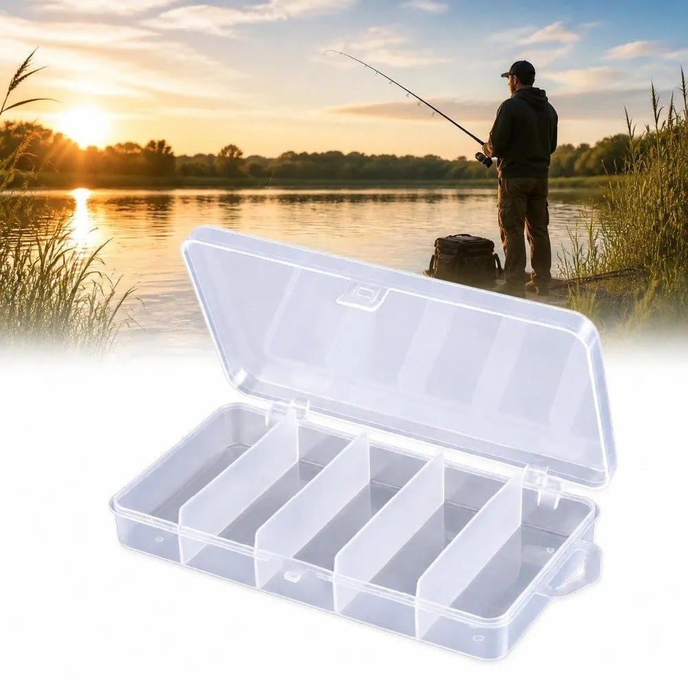 4PCS 5 Grid Compartment Bait Organizer Box Clear Transparent Plastic Fishing Lure Box with Dividers 18*9.3*3cm