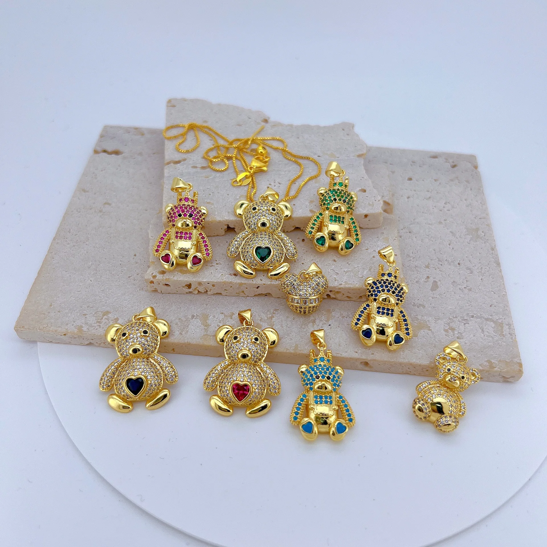 LJRIVER 1Pcs Inlay Colorful Zircon Bear Pendant Diy Jewelry Making Copper Plated Gold Necklace Bracelet Accessories Wholesale