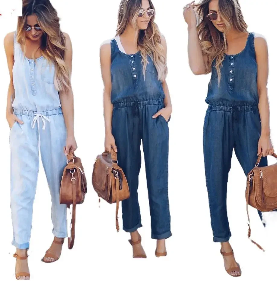 Overalls Vintage Jeans Women Washed Ankle Length Jean Denim Jumpsuits Straight Pants Pockets Solid 2025 Spliced Loose Casual