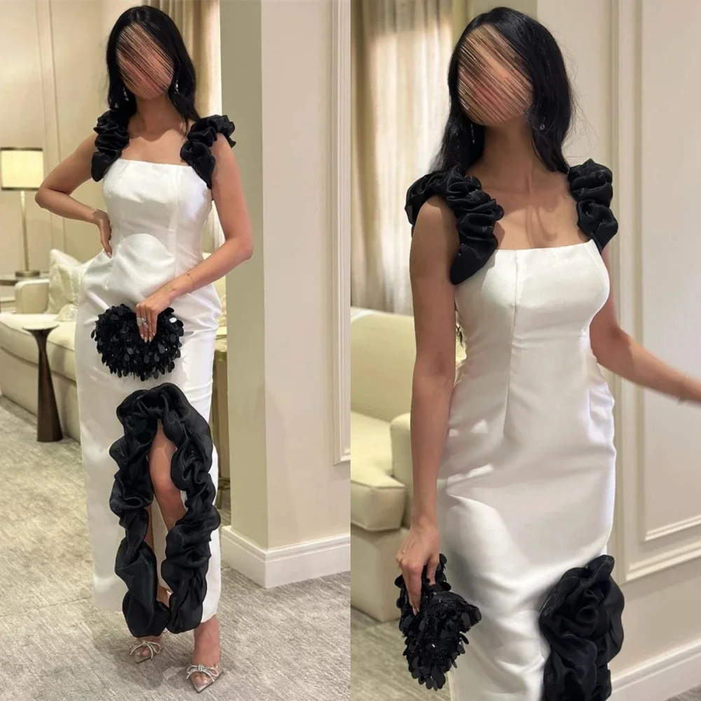 

Square Collar Prom Dresses Fashion Formal Evening Gowns Slit Sleeveless Ankle Length Ruched Saudi Arabia Wedding Party Dress