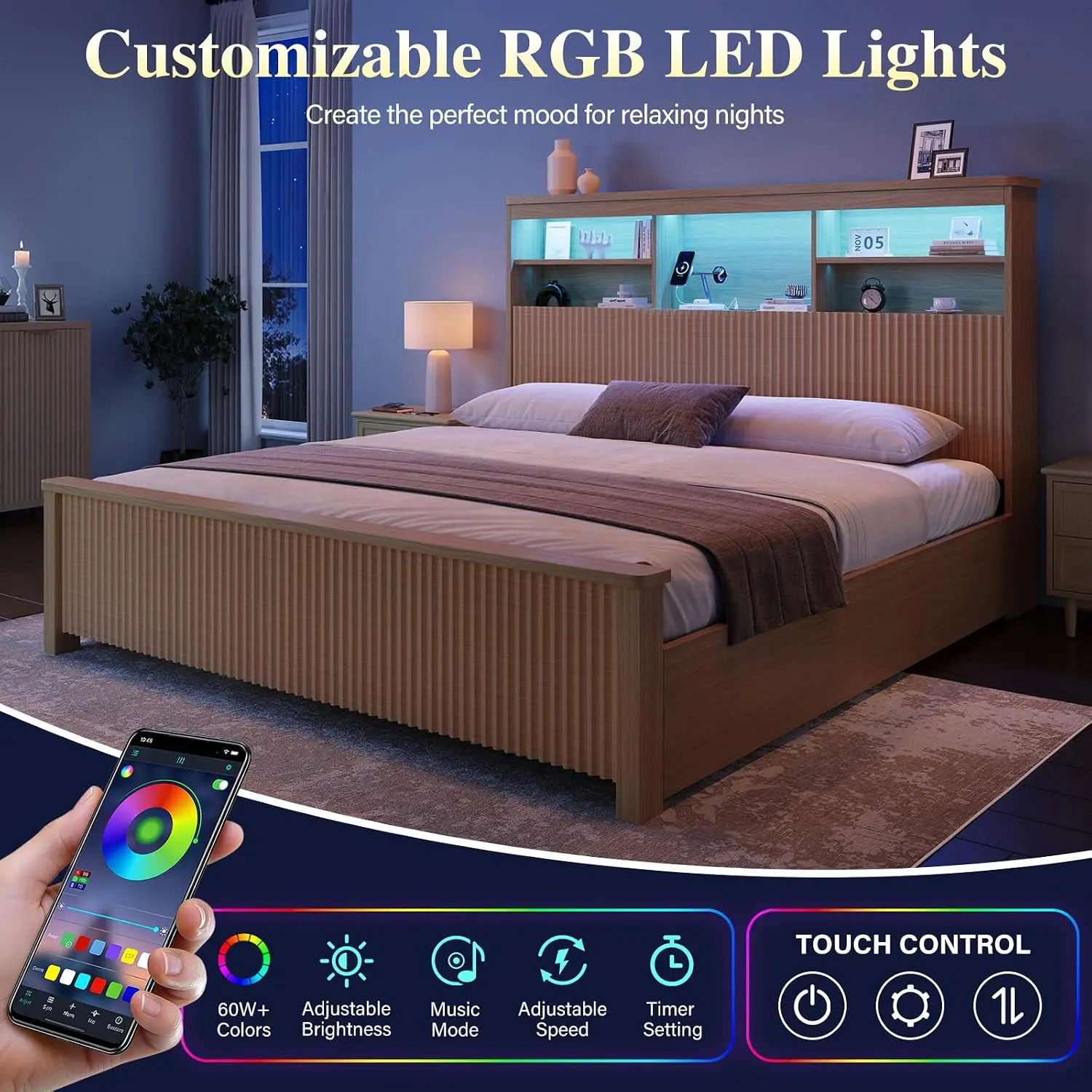 Queen Size Bed Frame with 4 Storage Drawers, Natural | Metal Platform Bed Frame with Tall Headboard, Queen Bed Frame with LED Li - view 3