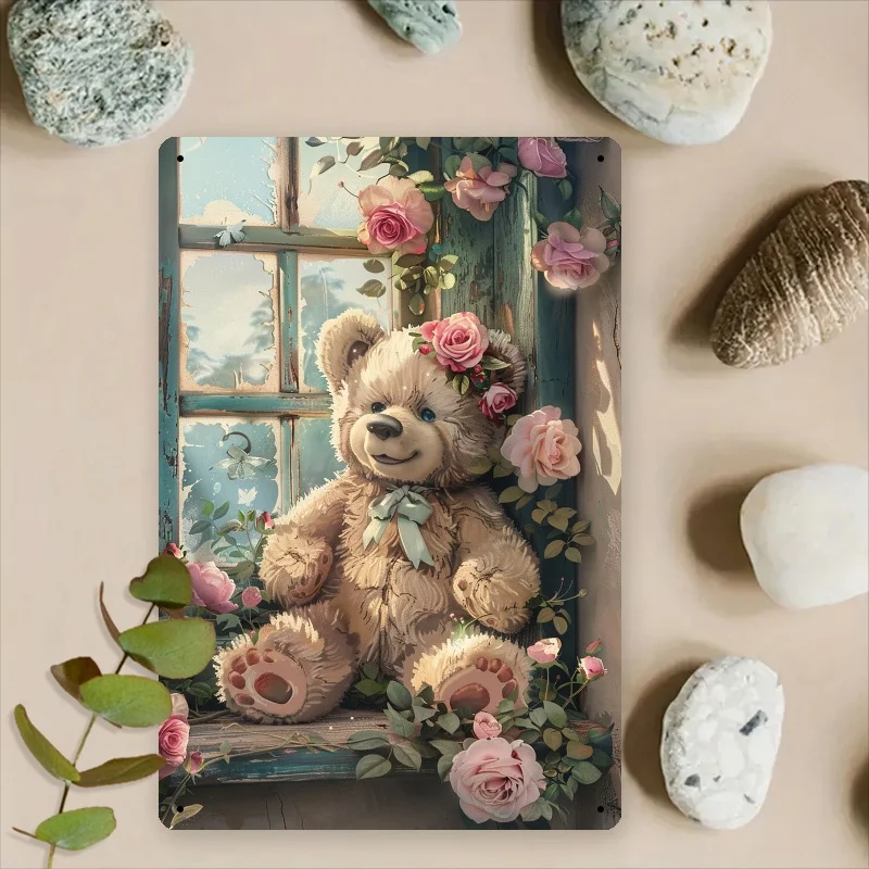 Room Decor Vintage Teddy Bear and Floral Foil Engraving Wall Art, 8x12 Inch Metal Iron Sign, Rustic Plush and Flower Aromatic Sy