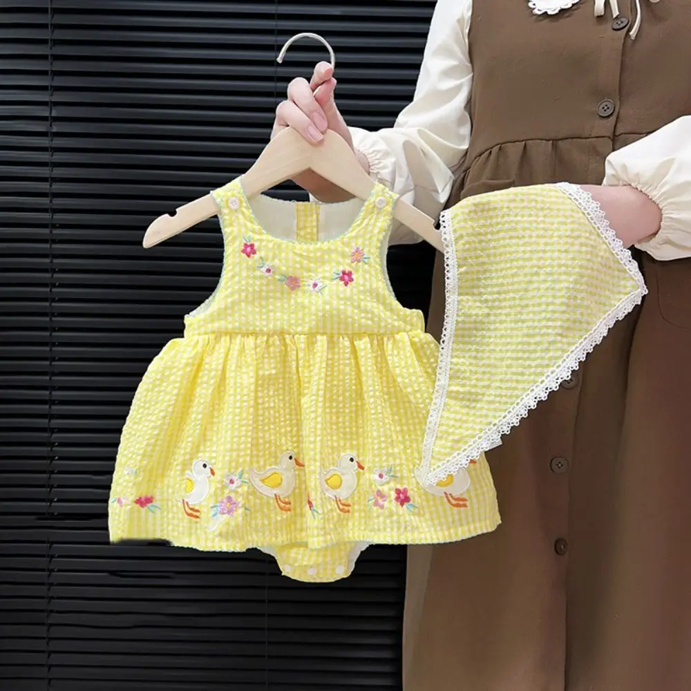

Sleeveless Design Baby Girl Romper Dress Yellow Gingham Cotton Material Princess Dress Duck Print Floral Embroidery