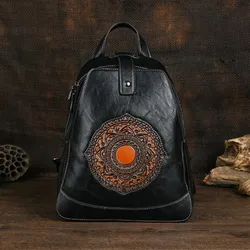 Johnature 2026 New Vintage Totem Embossed Backpack Versatile Women Leather Bag Solid Color Large Capacity Travel Backpacks