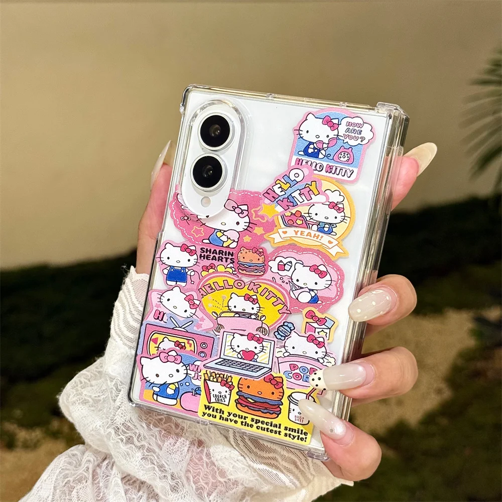 Cute Hello Kitty Sticker Cartoon Phone Case For Samsung Galaxy Z Fold 8 Ultra Z Fold 7 6 5 4 3 Print Shockproof Cover For Girls