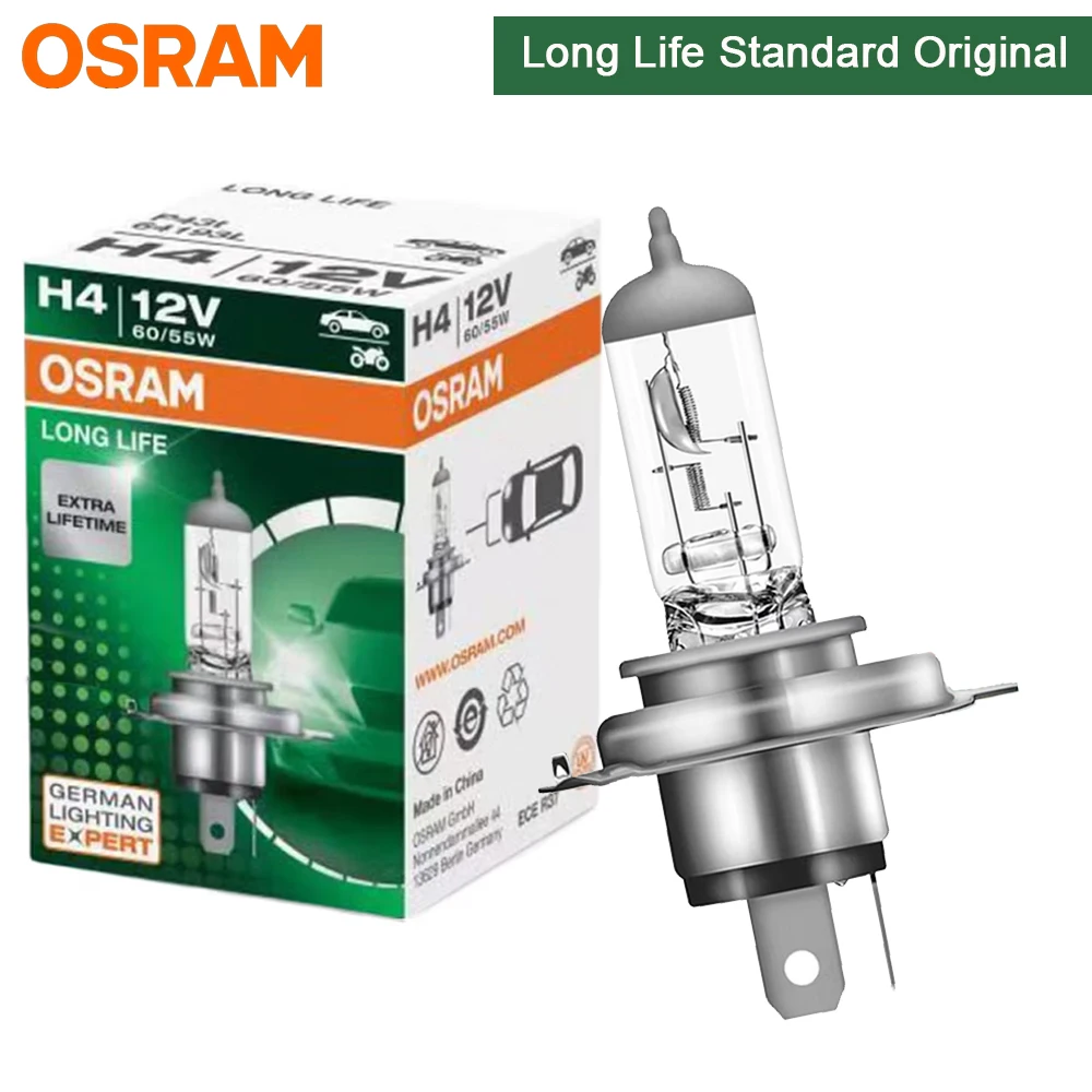 OSRAM LONG LIFE H4 HB2 9003 Car Halogen Headlight 12V Original P43t 60/55W More Durable Standard High Low Beam 64193L,1X