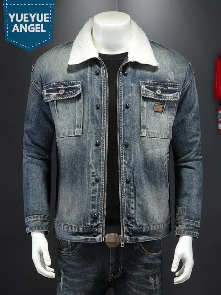 

Winter Mens Denim Jacket Fashion Faux Lambswool Lining Vintage Slim High Street Single Breasted Casual Lapel Biker Short Coat