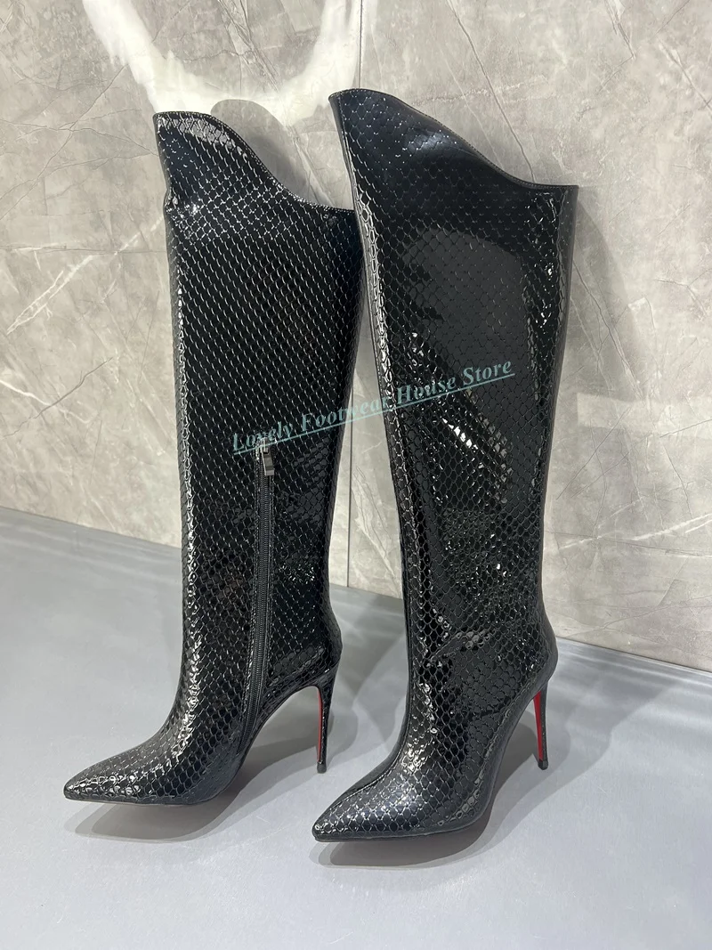 여성 패션 블랙 정품 가죽 스틸레토 힐 무릎 높은 부츠 여성 뾰족한 발가락 사이드 지퍼 롱 부츠 신발