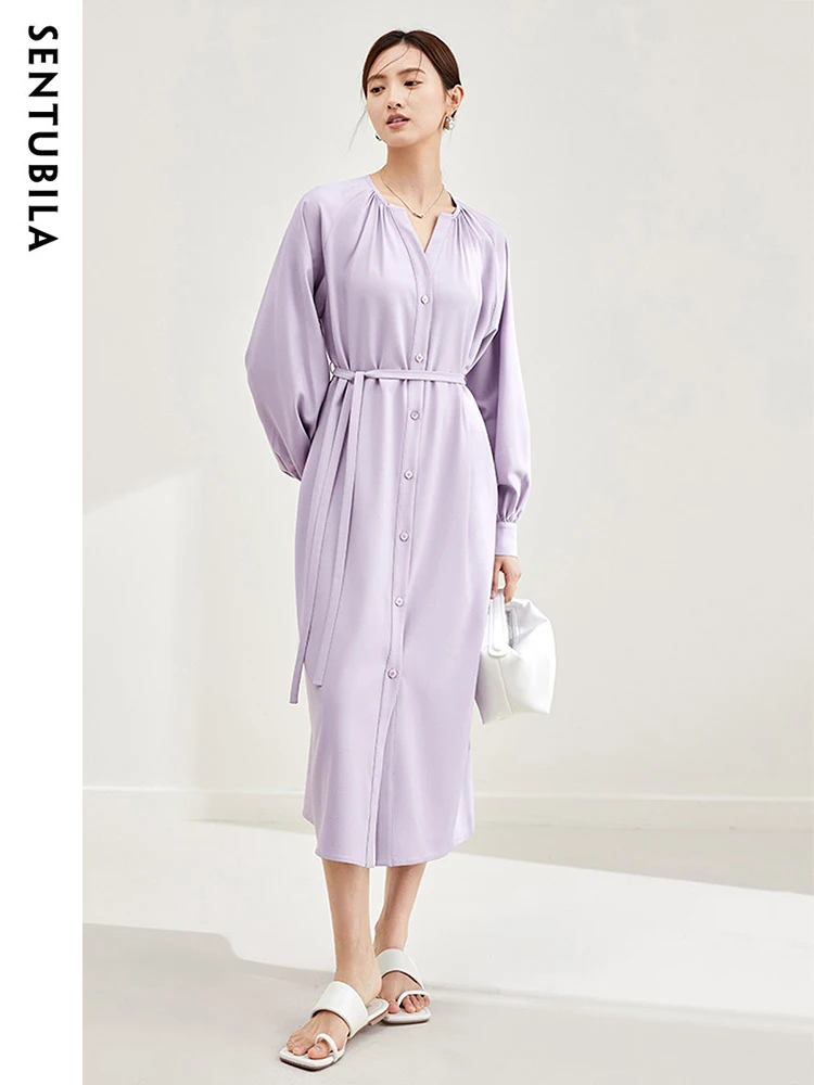 

SENTUBILA Women's V-neck Elegant Purple Dresses 2024 Autumn Fashion Loose Fit Button Down Tied Belt Long Sleeve Midi Dress