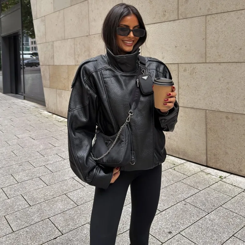 Talenza casual chique jaquetas de couro preto feminino manga longa botões elásticos casacos de grandes dimensões moda 2025 outono streetwear casacos