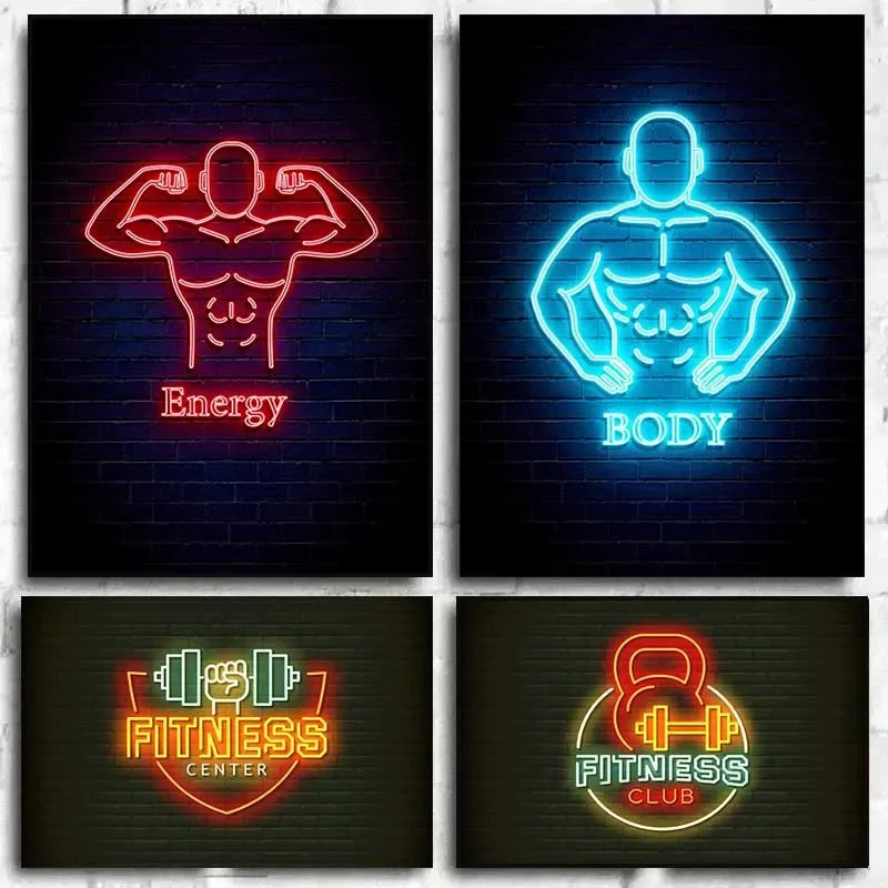 (2D Canvas painting) Modern Fitness Body Motivation Neon Design Canvas Posters GYM Body Pop Wall Art Simply Fitness Power Pri