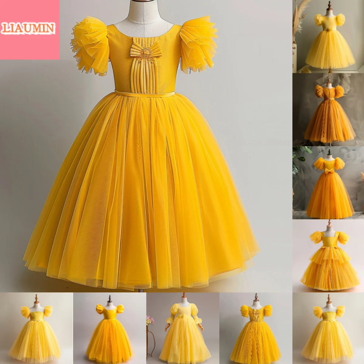 

Yellow Tulle A Line O Neck Puffy Sleeve Full Length Flower Girl Dresses Brithday Party Princess First Communion Skirt W9-28