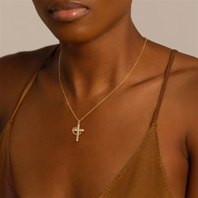 Rotatable Crown Cross Pendant Necklace For Women Shiny Rhinestone Stainless Steel Cross Choker Christian Prayer Party Jewelry