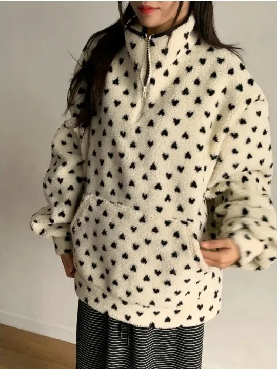 Inverno Vintage Dolce Cuore Giovane Look Colletto alla coreana f Zip Allentato Versatile Felpa pelosa Donna Coreana Sle Lazy Top